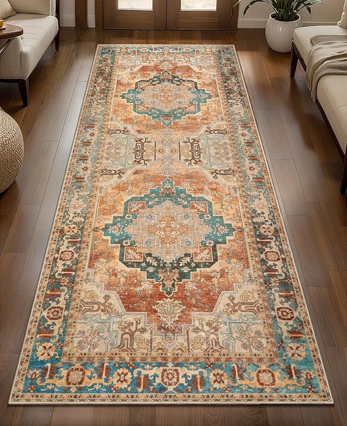 Tangsoo 2x5 Washable Runner Rug for Hallways, Non Slip Vintage Runner Rug, Soft Low Pile Long Rug Runner, Print Distressed Carpet Runners for Kitchen Bedroom Entryway Bathroom Living room Rusty Orange