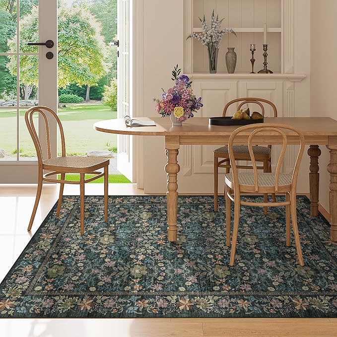 DUKINO 5x7 Area Rugs, Floral Washable Rugs for Bedroom with Non Slip Backing, Vintage Low Pile Indoor Floor Carpets for Bedroom, Living Room, Farmhouse, Home Office, Dining Room, Blue