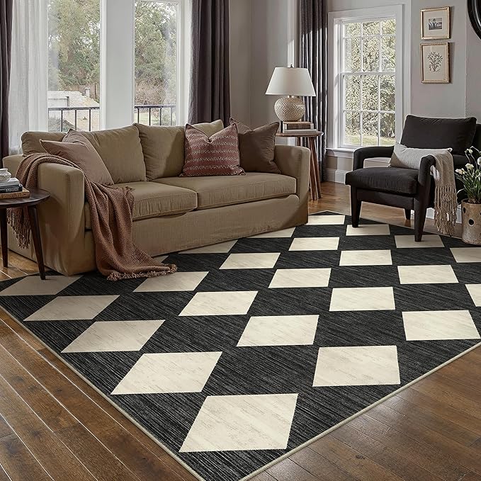 5x7 Checkered Area Rugs for Living Room Black Machine Washable Large Rug Non-Slip Stain Resistant Low Pile Boho Accent Indoor Throw Carpet for Office Bedroom Dining Room Classroom