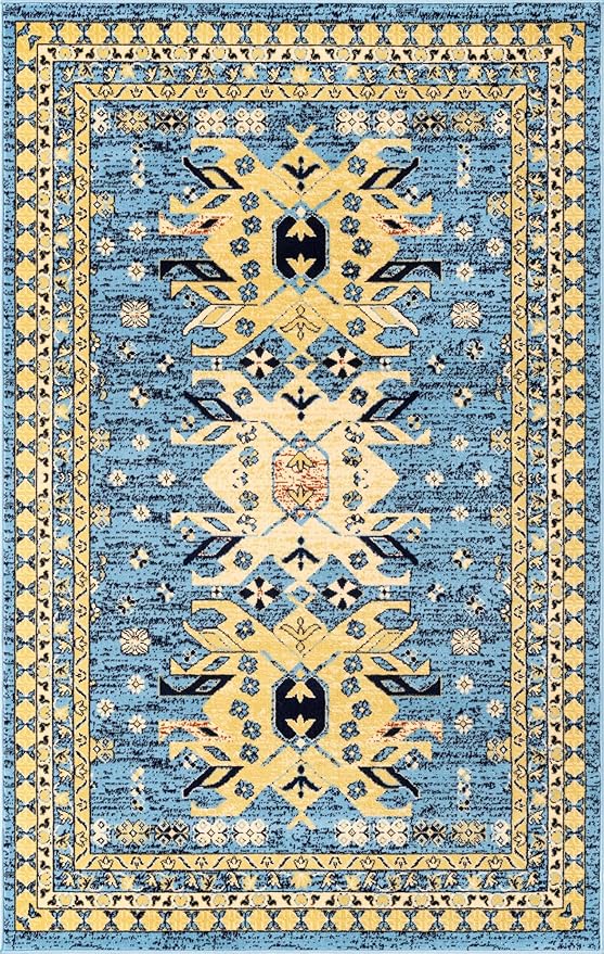 Unique Loom Taftan Collection Border Geometric Tribal Inspired Design Area Rug (5' 0 x 8' 0 Rectangular, Light Blue/ Gold)