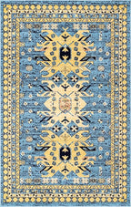 Unique Loom Taftan Collection Border Geometric Tribal Inspired Design Area Rug (5' 0 x 8' 0 Rectangular, Light Blue/ Gold)