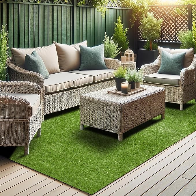 Ottomanson 6'6" x 38' Artificial Faux Grass Rug - Realistic Turf with UV Protection - Perforated for Easy Drainage - Durable, Hose-Off Synthetic Lawn Carpet for Indoor & Outdoor Use, Green