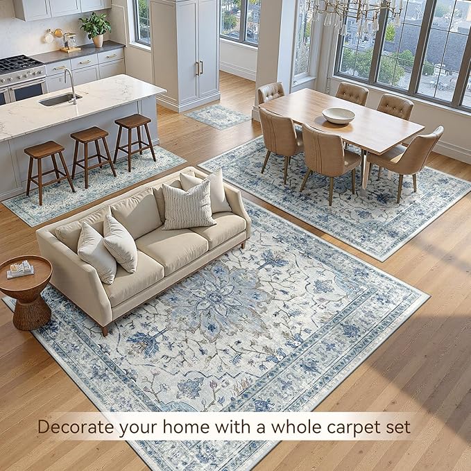 Area Rugs 5'x8' Washable Non-Slip, Floral Vintage Distress Print Pattern Medallion Carpet for Living Room Bedroom Dining Room, Light Blue Navy Beige Gray White