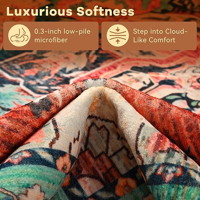 YJ.GWL Area Rugs for Living Room 5x7 Machine Washable Rugs, Non Slip Floral Vintage Rug Indoor Carpet, Stain Resistant Large Rug for Bedroom Dining Room, Red Blue Gradient Color