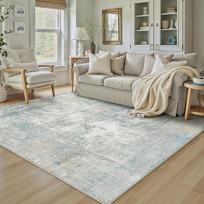 4x5 Washable Area Rug Blue Cream Abstract Entryway Office Throw Rug Neutral Modern Non Slip Soft Low Pile Lightweight Carpet for Kitchen Living Room Bedroom Entrance