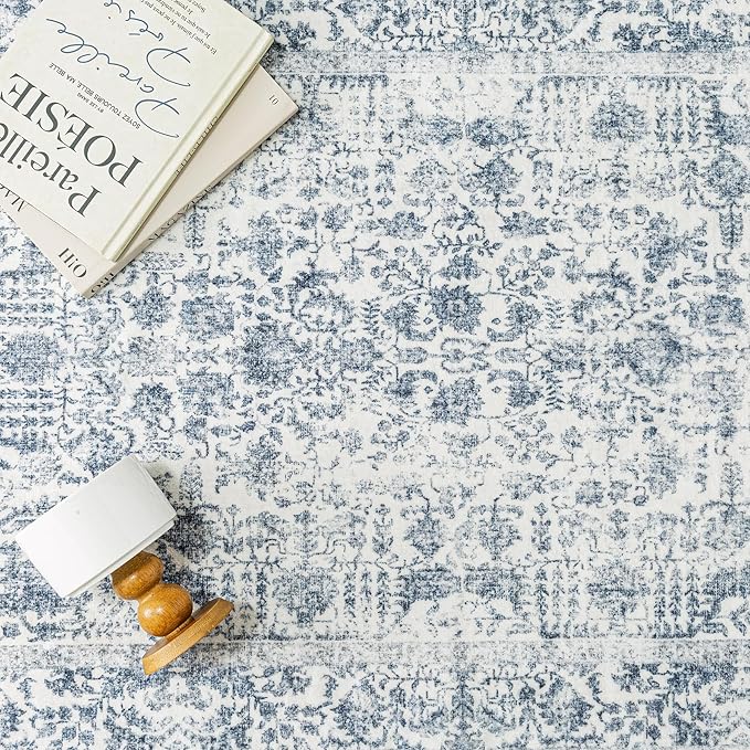 Navy Blue Area Rug 8x10 Machine Washable Large Vintage Living Room Distressed Non Slip Carpet Traditional Indoor Bedroom Retro Floral Accent Throw Rug for Office Kitchen Dining Room