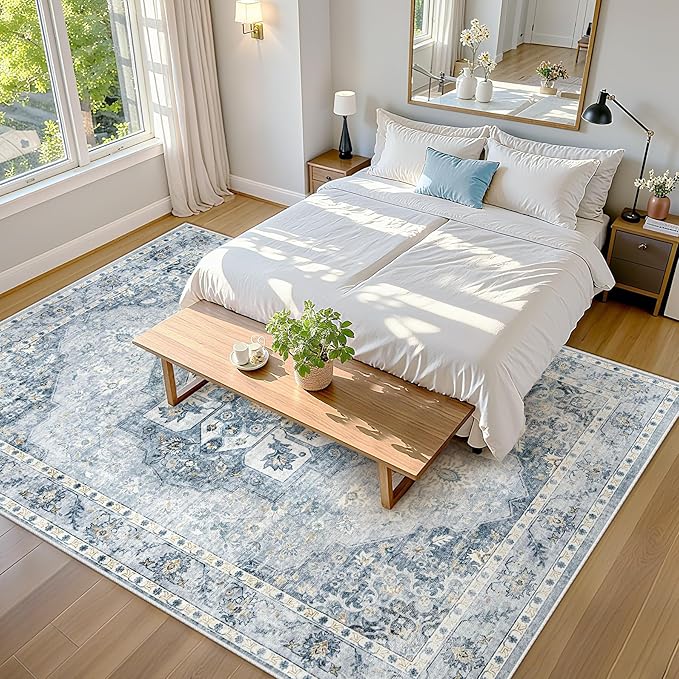 9x12 Area Rugs Washable Rugs for Living Room, Large Vintage Boho Rug Non-Slip Soft Floral Distressed Rug Low Pile Stain Resistant Carpet for Bedroom Nursery Office Dining Room Farmhouse(Blue, 9'x12')