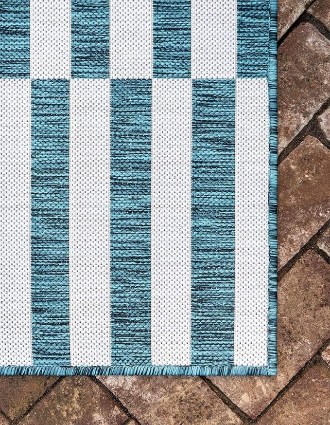 Unique Loom Outdoor Collection Classic Stripes, Transitional Indoor & Outdoor Area Rug, Rectangular 8' 0 x 11' 0 Teal/ Ivory