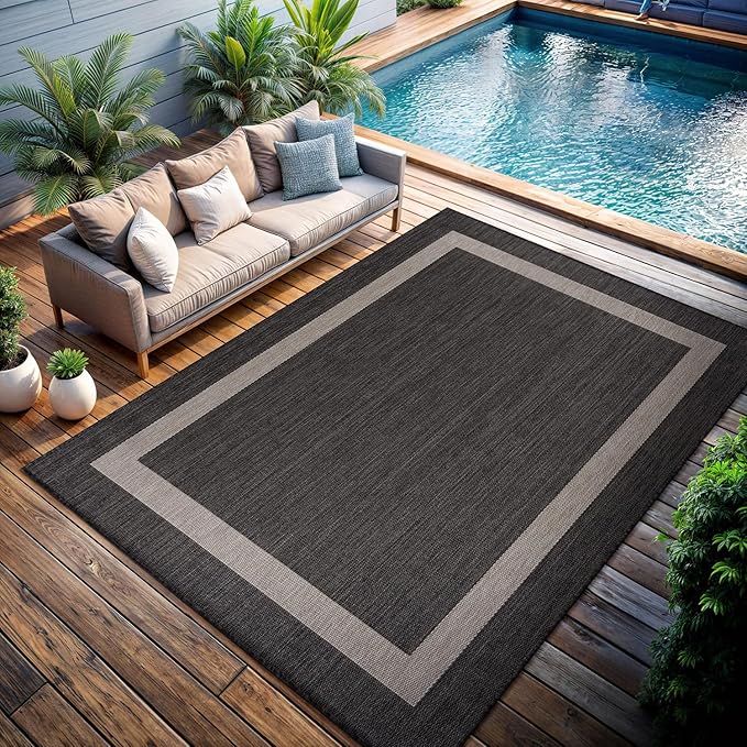 CAMILSON Outdoor Rug 9x12, Large Modern Outside Rugs for Patios Porches Waterproof Durable Washable Non-Shedding, Easy-to-Clean Indoor Outdoor Area Carpet (9 x 12, Bordered - Dark Gray/Light Gray)
