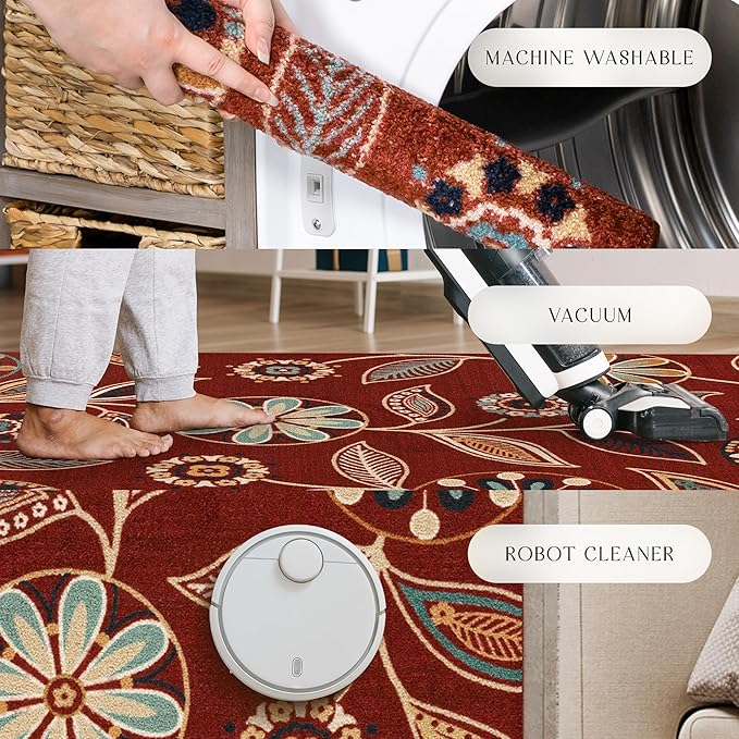 Maples Rugs Reggie Floral Runner Rug - Made in USA - Washable, Non Slip Indoor Carpet for Kitchen, Hallway, and Laundry Room, 2' x 5', Merlot