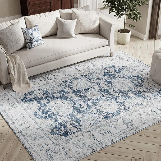 jinchan Fiora 4x6 Area Rugs for Bedroom - Machine Washable Distressed Vintage Floral Design Stain Resistant Boho Carpet Ultra-Thin Low Pile Non-Slip Rug for Living Room Dining Room (4‘x6', Dark Blue)