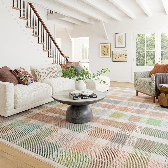 Dash & Albert Chanan Plaid Multi Machine Washable Rug, 9.5 X 13.5 Feet, Multicolored/Ivory Plaid Pattern