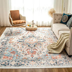 VK VK·LIVING 5x7 Area Rug Washable Rugs for Living Room Rug Vintage Design Boho 5x7 Rug with Non Slip Living Room Rug Bedroom Carpet Stain Resistant, Home Decor, Blue&Orange