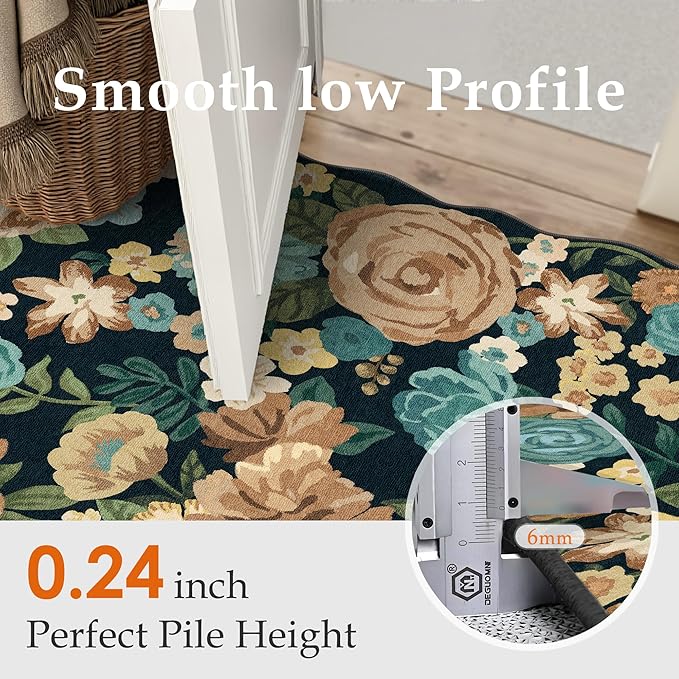 Washable Floral Area Rug 5x7 Black Living Room Carpet Scalloped Flower Non Slip Soft Bedroom Rug Farmhouse Low Pile Thin Indoor Floor Cover for Office Dining Room Kitchen Bathroom
