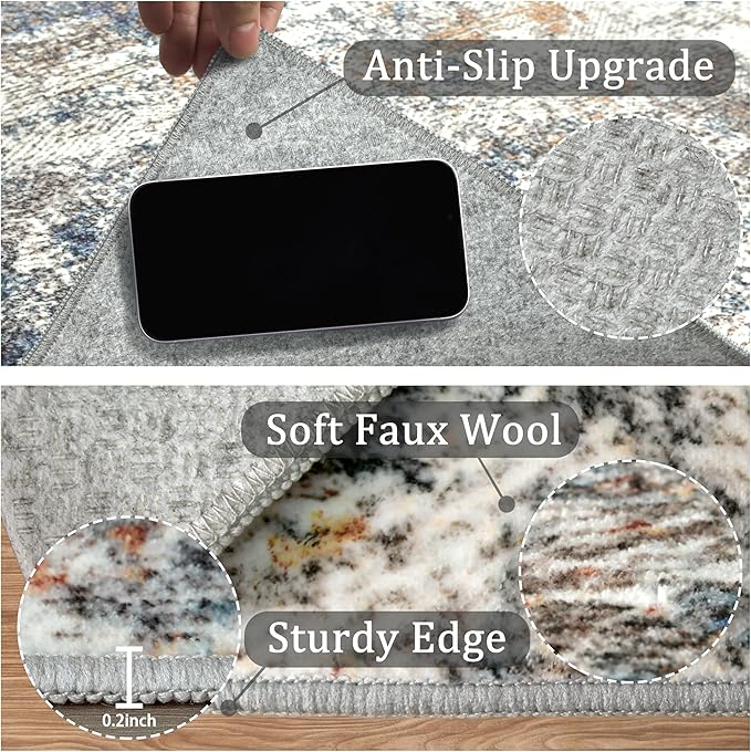 5x7 Washable Area Rug for Living Room, Multicolor Modern Vintage Abstract Rug Large Non-Slip Low Pile Soft Faux Wool Carpet, Kids and Pets Friendly for Bedroom Dining Room Farmhouse Home Decor Rug