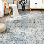 jinchan Kelda Area Rug 4x6 Washable Bedroom Rug Vintage Indoor Floor Cover Distressed Lightweight Non-Slip Low Pile Thin Mat Accent Stain Resistant Carpet for Living Room Dining Room Office Blue