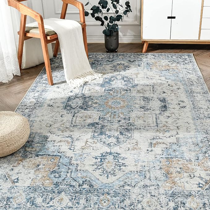 jinchan Area Rug 6x9 Washable Living Room Rug Vintage Indoor Large Floor Cover Distressed Lightweight Non-Slip Low Pile Thin Mat Accent Stain Resistant Carpet for Bedroom Dining Room Office Blue
