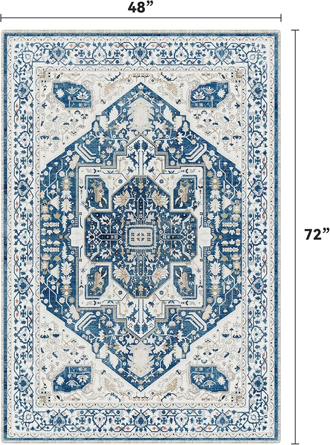 EnHomee 4x6 Area Rugs for Living Room, Boho Area Rug, Machine Soft Washable Rug for Bedroom, Living Room Rug, Non-Slip, Low-Pile, Dining Room Indoor Home Decor, Colorful Print, Blue and White