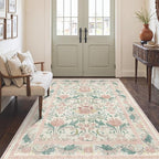 Bavni 5x7 Area Rugs for Living Room, Microfiber Machine Washable Non-Slip Vintage Floral Rug, Low Pile Lightweight Carpet for Bedroom, Dining Room, Home Office, Beige&Pink
