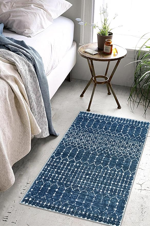 Lahome Moroccan Indoor Rugs for Entryway 2x3 Area Rug Non-Slip Backing Washable Inside Door Mats Low-Profile Throw Soft Rugs for Bathroom, Geometric Print Distressed Blue Rug for Kitchen Bedside