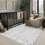 Grey 3x5 Entryway Rug Vintage Area Carpet Indoor Kitchen Washable Door Mat Entrance Small Low Pile Traditional Distressed Retro Accent Throw Rug Non Slip Office Bathroom