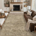 Fmfunctex 9x12 Washable Area Rug Brown Vintage Neutral Distressed Oriental Large Non Slip Carpet for Living Room Bedroom Soft Low Pile Indoor Mat Retro Throw Rug for Dining Room Kitchen Office Nursery