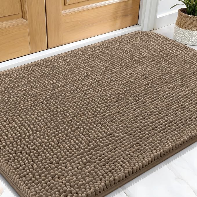 OLANLY Dog Door Mat for Muddy Paws 32x20, Absorbs Moisture and Dirt, Absorbent Non-Slip Washable Doormat, Quick Dry Chenille Mud Mat for Dogs, Entry Indoor Entryway Carpet for Inside Floor, Tan