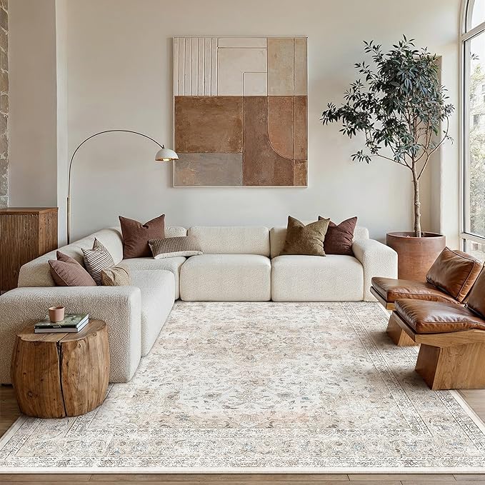 6x9 Washable Vintage Area Rug for Living Room Bedroom Beige Grey Soft Tranditional Non Slip Large Throw Rug Lightweight Floral Low Pile Distressed Carpet Office Playroom Dinning Laundry Room