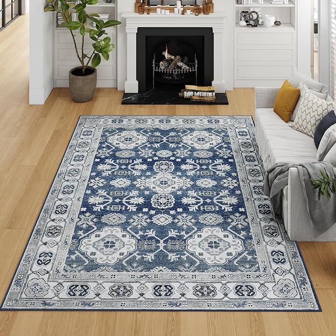 VK VK·LIVING Machine Washable Rug 5'x7' Vintage Design Washable Area Rugs with Non Slip Rugs for Living Room Bedroom Traditional Woven Carpet Stain Resistant Home Decor Office Boho Rug (Navy)