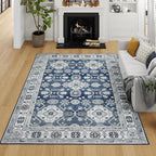 VK VK·LIVING Machine Washable Rug 4'x6' Vintage Design Washable Area Rugs with Non Slip Rugs for Living Room Bedroom Traditional Woven Carpet Stain Resistant Home Decor Office Boho Rug (Navy)