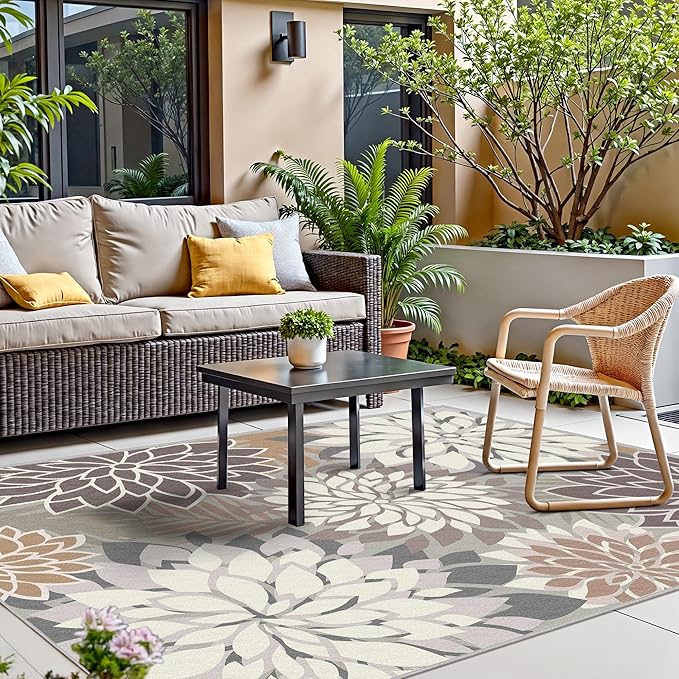 8x10 Outdoor Area Rug Washable Multicolored Patio Rug Tropical Botanical Floral Chenille Waterproof Outdoor Carpet Non-Slip for Deck, Backyard, Porch, Taupe