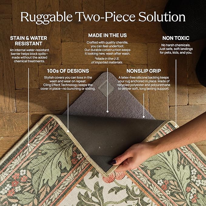 RUGGABLE Washable Vintage Area Rug – Sarrah Blue Quartz 8 ft Round, Stain-Resistant, Non-Slip – Large Machine Washable Rugs for Living Room, Bedroom, Hallway, Entryway & Office–with Standard Pad