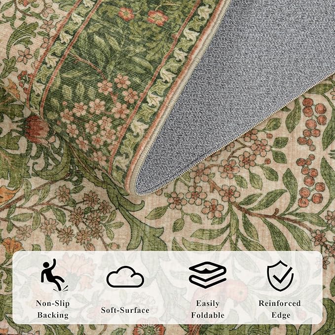 9x12 Floral Washable Area Rug for Living Room, Vintage Boho Large Rugs for Bedroom Dining Room, Botanical Birds Non Slip Low Pile Forest Throw Carpet for Farmhouse Office, Retro Pink/Green