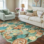 Washable Floral Area Rug 4x6 Green Office Carpet Scalloped Flower Non Slip Soft Living Room Rug Farmhouse Low Pile Thin Indoor Floor Cover for Bathroom Bedroom Kitchen Laundry Dining Room