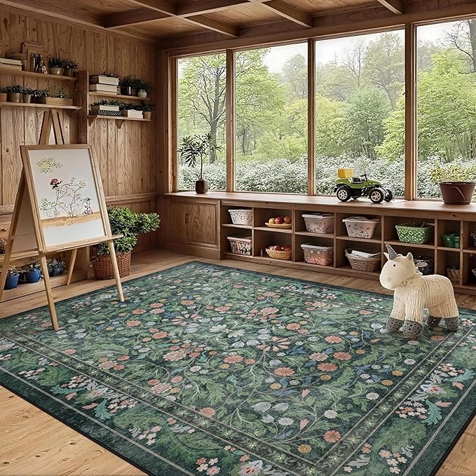 Green Floral 8x10 Area Rugs for Living Room Large Washable Rug Vintage Forest Low Pile Non Slip Stain Resistance Soft Carpet for Dining Room, Bedroom, Office Rug, Kids Room, Nursery Room, Playroom