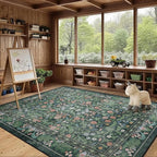 Green Floral 5x7 Area Rugs for Living Room Large Washable Rug Vintage Forest Low Pile Non Slip Stain Resistance Soft Carpet for Dining Room, Bedroom, Office Rug, Kids Room, Nursery Room, Playroom
