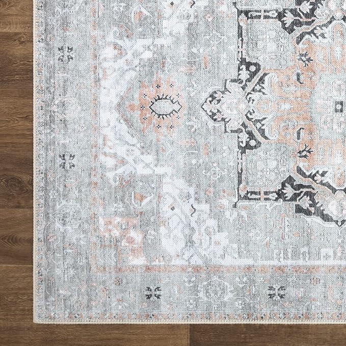 Bloom Rugs Washable Non-Slip 12 ft Runner - Gray/Coral Pink Traditional Runner for Entryway, Hallway, Bathroom, and Kitchen - Exact Size: 2.5' x 12'