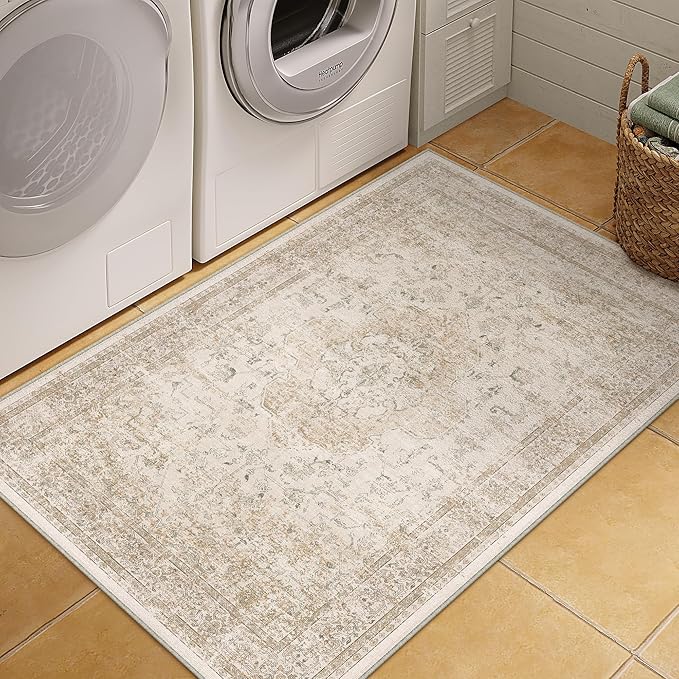 4x6 Washable Area Rug Beige Vintage Distressed Rug for Office Oriental Soft Thin Indoor Retro Carpet Non Slip Low Pile Floor Cover for Living Ding Room Bedroom Laundry