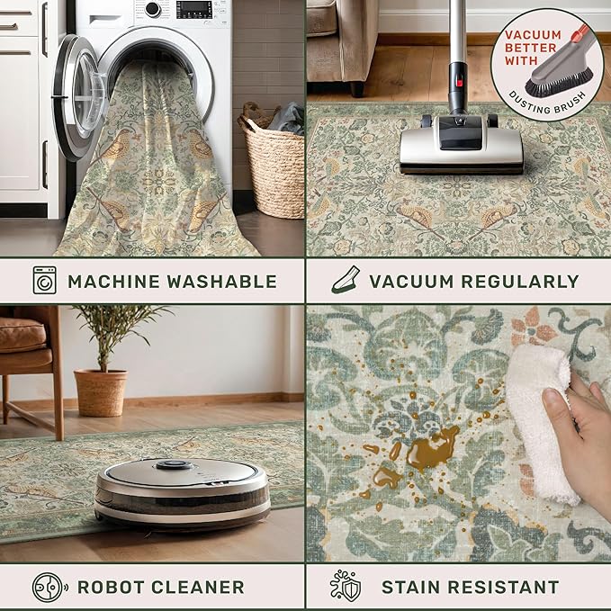 Washable Area Rugs 5x8 for Bedroom - Western Plant Rugs for Living Room, Dinning Room, Home Office, Playroom with Boho Light Green Botanical & Bird Pattern, Non Slip Stain Resistant Low Pile