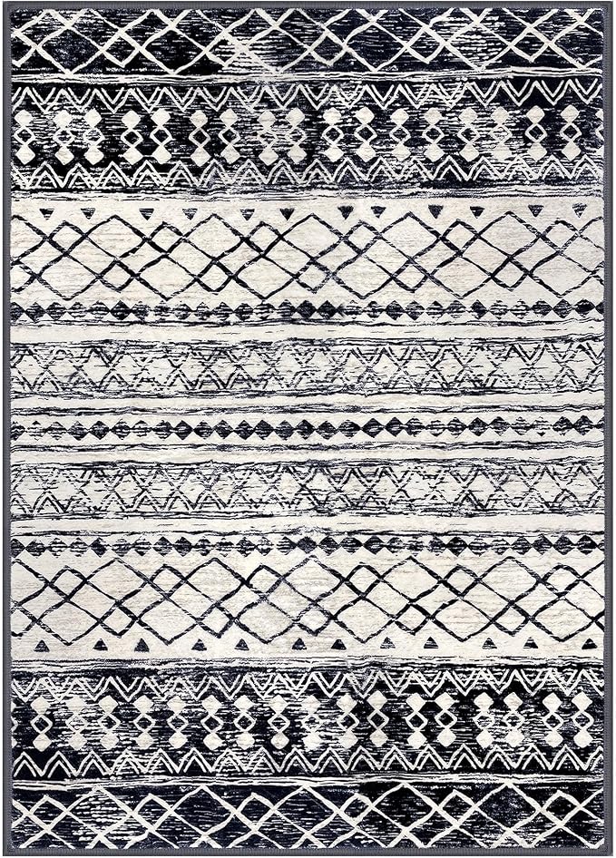 KUTA Morocca Area Rug 5x7 Black Navy Blue, Washable Boho Living Room Rugs Non-Slip, Ultra Soft Geometric Print Traditional Farmhouse Carpet for Dining Room Bedroom Dorm Office Home Decor