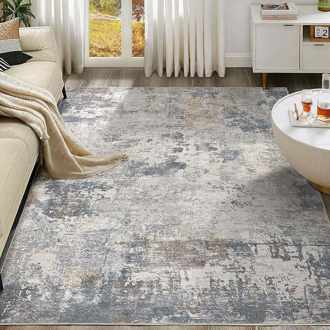 7x9 Area Rug Living Room Rugs - Washable Neutral Modern Abstract Soft Thin Large Rug Indoor Floor No Slip Rug Carpet for Bedroom Under Dining Table Home Office Decor - Blue Grey