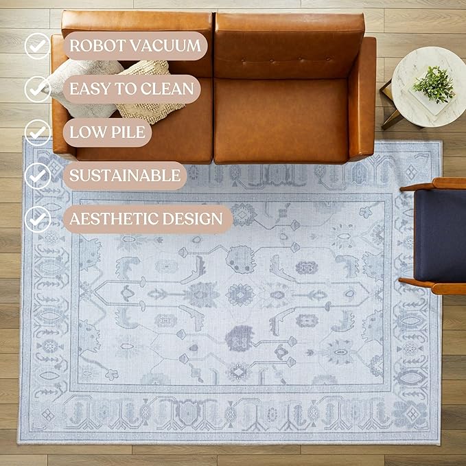Fame Living Beige Oushak Rug, Modern Rugs, Vintage, Turkish, Eclectic, Floral, Pastel, Washable, Small Throw, Accent Area Rug for Living Room, Bedroom, Kitchen, Bathroom, 2'5"x4'9