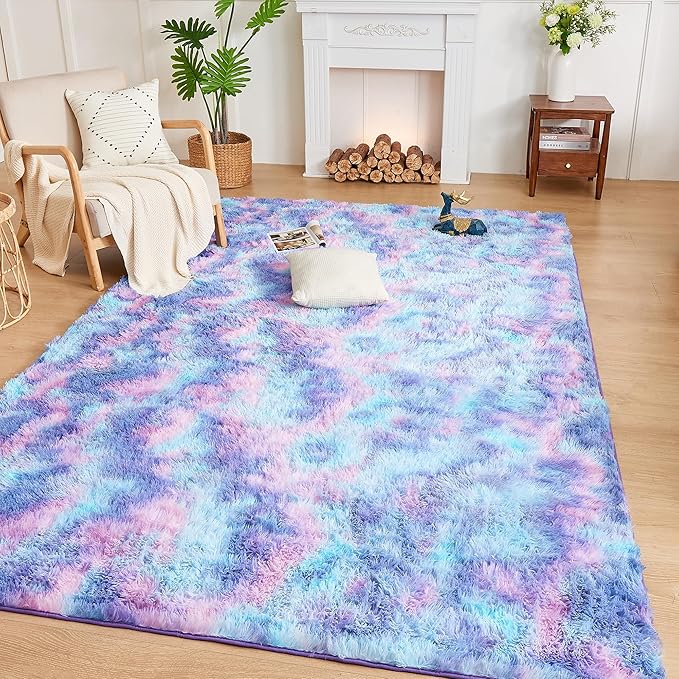 Andency 6x9 Area Rugs, Large Shag Fluffy Soft Shaggy Rugs for Living Room Bedroom, Non-Slip Tie-Dyed Unicorn Rainbow Thick Plush Carpet for Kids Girls and Boys, Dorm Nursery Home Decor Aesthetic