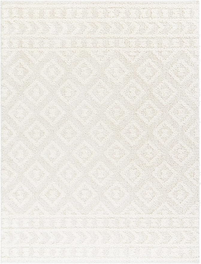 Hauteloom Tilos Moroccan Farmhouse Living Room Bedroom Nursery Shag Area Rug - Shaggy Carpet - Trellis Pattern - High Plush Pile - Cream, Pink, Beige - 7'10" x 10'