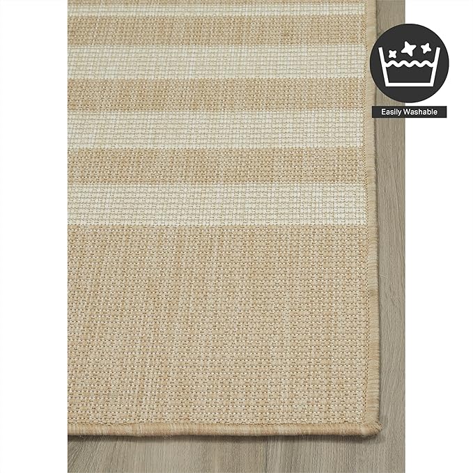 FH Home Flat Woven Outdoor Rug - Waterproof, Easy to Clean, Stain Resistant - Premium Polypropylene Yarn - Modern Geometric Kilim - Patio, Porch, Deck, Balcony - Mesa - Beige - 5ft 2in x 7ft 6in