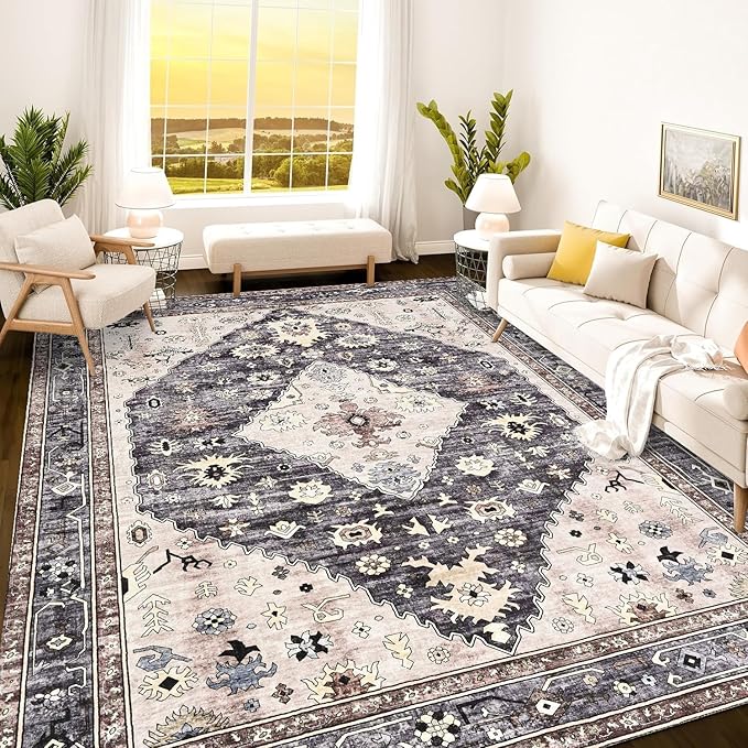 Istana Area Rugs 9x12 - Dark Grey Blue/Rose Mauve Rugs for Bedroom - Foldable Big Rugs for Bedroom - Stain Resistant Rug 9x12 Area Rug - 9X 12 Area Rugs - Washable Area Rug - Beige Rug