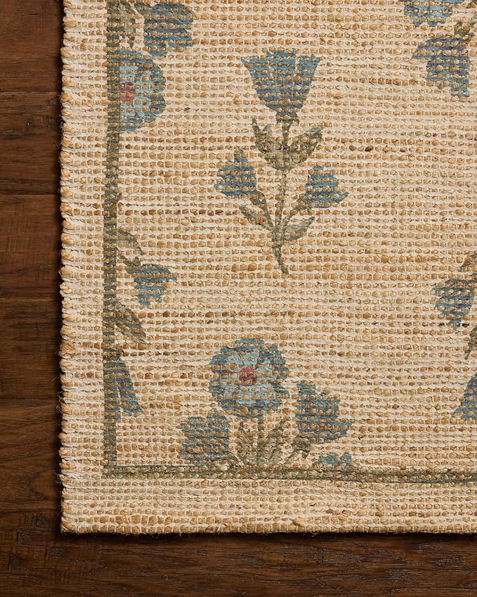 Loloi Chris Loves Julia Rue Collection RUE-04 Moss/Blue 5'-0" x 7'-6" Area Rug Jute Neutral Floral Living Room Bedroom Rug