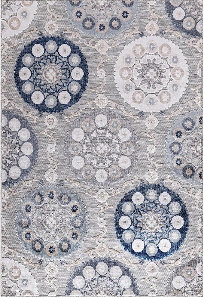 CAMILSON Indoor Outdoor Rug 8x10 Bohemian Medallion Floral Area Rugs for Indoor and Outdoor Patios Easy-Cleaning Non-Shedding Living Room Garden and Kitchen Washable Outside Carpet (8 x 10 / Blue)