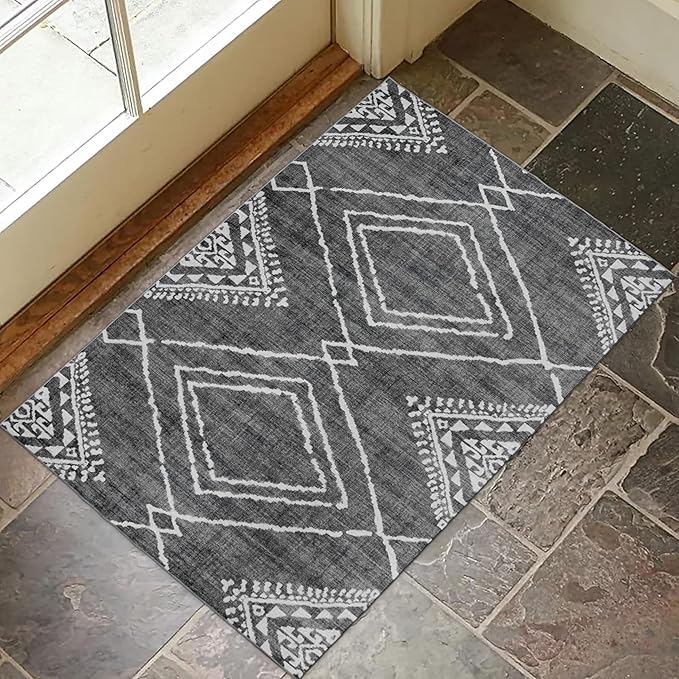 ReaLife Rugs Machine Washable Area Rug - Living Room Bedroom Bathroom Kitchen Entryway Office - Padded Crease Free Stain Resistant Premium - Moroccan Diamond Tribal- Jax - Gray- 2'x 3'