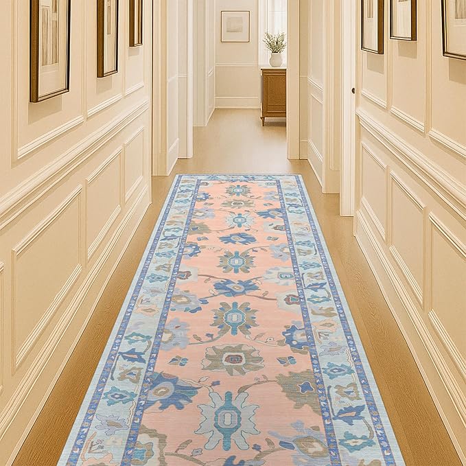 Fame Living Modern Oushak Runner Rug, Runners, Vintage, Turkish, Eclectic, Floral, Pastel, Washable, Runner for Hallway, Kitchen, Bedroom, Bathroom, 2'5"x9'8"